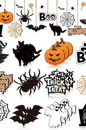 36 Pieces Halloween Wooden Hanging Ornaments Halloween Tree Decorations Wood Hanging Cutouts with Ropes for Trick or Treat Party Supplies (Ghost Style)