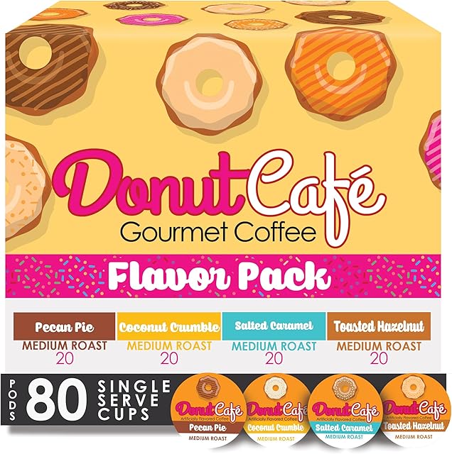 Donut Café - Gourmet Coffee Medium Roast Flavored Variety Pack – Pecan Pie, Coconut Crumble, Salted Caramel, Toasted Hazelnut – Single Serve Coffee Pods for Keurig K Cup Brewers – 80 Count