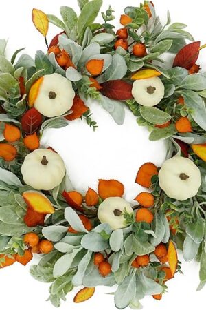 Artificial Fall Wreaths for Front Door Autumn Pumpkin Wreath with Pumpkin,Berry,Mixed Leaves for Farmhouse Indoor Outdoor Porch Window Wall Door Decoration