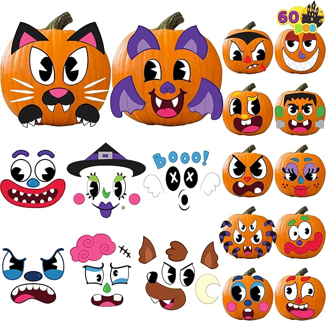 The JOYIN 60 Pcs Halloween Pumpkin Decorating Stickers, Halloween Art Craft Party Supplies, Party Favor for Kid, Jack-O-Lantern Face Sticker Sheets, School Activities Pumpkin decor Treat Classroom Goodies