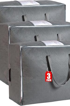 105L Extra Large Storage Bags for Blankets, King Comforters, Bedding, Clothes, Pillows, Sheets - Closet Organizers and Storage with 4 Handles & Clear Window, Foldable & Breathable (Grey, 3pack)