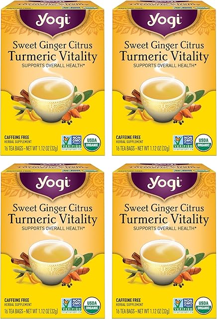 Yogi Tea Sweet Ginger Citrus Turmeric Vitality - 16 Bags per Pack (4 Packs) - Organic Ginger & Turmeric Root Tea - Supports Well-being - Includes Cinnamon Bark & More