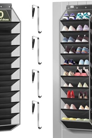 10 Tier Over The Door Organizer - Heavy Duty Hanging Storage Rack with Sturdy Oxford Fabric, Holds 20+ Pairs of Footwear, Boots & Sneakers, Saves 50% Closet Space (Black)