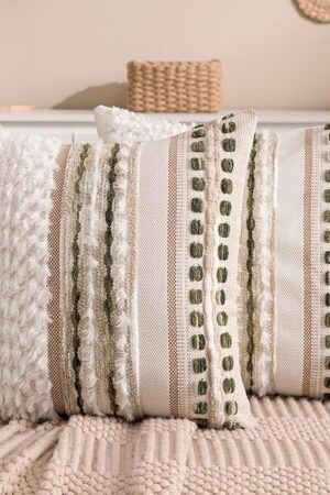 Boho Chenille Tufted Couch Throw Pillow Covers 18x18 Inch Set of 2 Farmhouse Striped Decorative Pillow Covers Accent Neutral Square Pillowcase Green Cushion Covers for Livingroom Sofa Bed