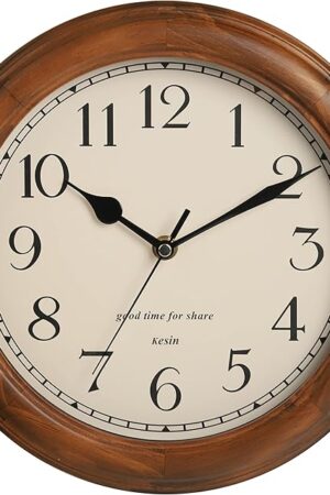 Wooden Wall Clock with Retro Design, 11 Inches Round Wall Clock Battery Operated Silent Non-Ticking, Big Arabic Numerals, for Kitchen Living Room Classroom Gym and Pool, Brown