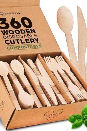 Wooden Compostable Utensils Set - 360 Pieces (120 Forks 120 Spoons 120 Knives) Sturdy Wood Disposable Cutlery - Eco-Friendly Biodegradable Utensils for Party - Free From Plastic Cutlery Set for Eating