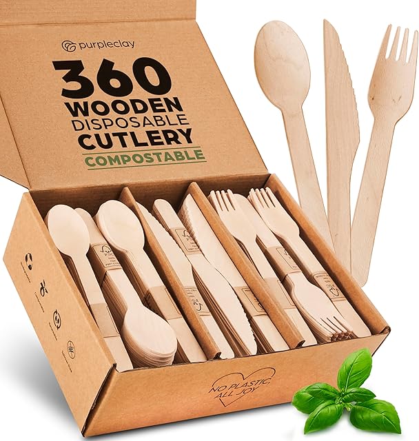 Wooden Compostable Utensils Set - 360 Pieces (120 Forks 120 Spoons 120 Knives) Sturdy Wood Disposable Cutlery - Eco-Friendly Biodegradable Utensils for Party - Free From Plastic Cutlery Set for Eating