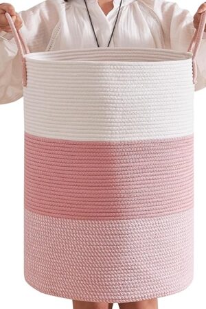 80L Laundry Basket Round Storage Rope Basket - 16.5x22.5 Inches - Pink Hamper in Bedreoom and Cute Storage Bin for Blankets, Toys, and Nursery Essentials