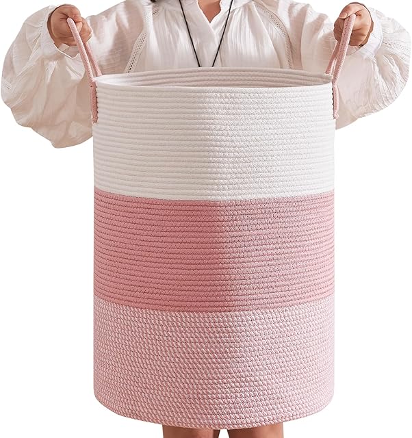 80L Laundry Basket Round Storage Rope Basket - 16.5x22.5 Inches - Pink Hamper in Bedreoom and Cute Storage Bin for Blankets, Toys, and Nursery Essentials
