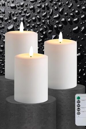 3"x4" Flickering Flameless Candles with Remote Timer, Real Wax, White Pillar Candles, Set of 3 Large LED Battery Operated Candles for Home, Fireplace, Centerpiece, Rustic and Farmhouse Decor