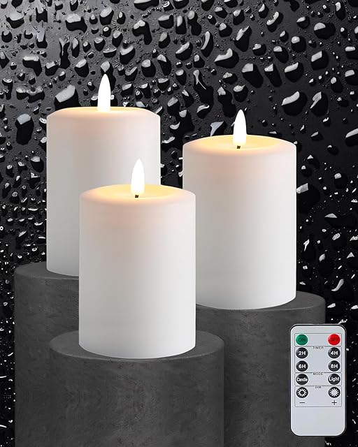 3"x4" Flickering Flameless Candles with Remote Timer, Real Wax, White Pillar Candles, Set of 3 Large LED Battery Operated Candles for Home, Fireplace, Centerpiece, Rustic and Farmhouse Decor