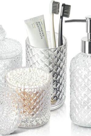 Bathroom Accessories Set, 4 Pack Clear Glass Bath Accessory Sets Complete, Diamond Soap Dispenser and Toothbrush Holder Set for Bathroom Counter Organizer Essentials, Modern Bathroom Decor