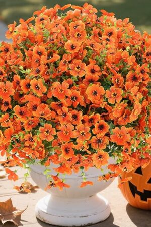 24 Bundles Fall Flowers Artificial for Decoration Outdoors, Fake Plants Autumn, Mums Daisy Eucalyptus Realistic UV Resistant for Garden Patio Porch Home Decor, Orange