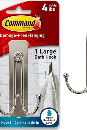 Command Satin Nickel Colored Double Bathroom Wall Hook with Adhesive Strip, 1