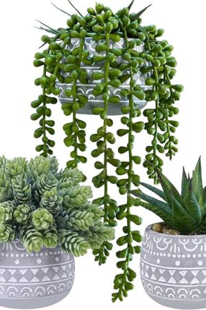 Winlyn 3 Pcs Assorted Small Potted Succulent Plants Artificial Aloe Hops String of Pearls Succulents in Gray Geometric Concrete Pots for Gifts Table Shelf Windowsill Indoor Outdoor Greenery Decor
