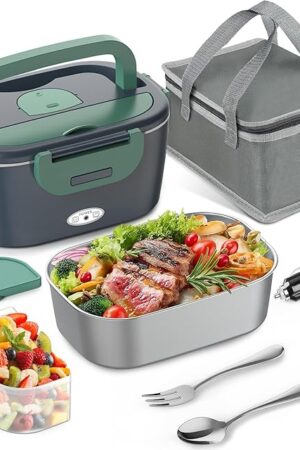 Electric Lunch Box for Adults, 80W Portable Food Warmer, 12V/24V/110V 3 in 1 Heated Lunch Box for Car/Truck/Office, with 1.5L Stainless Steel Container, Fork & Spoon and Insulated Bag (Green)