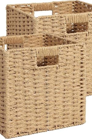 2 Pack 11x11x11 Storage Cubes, 11 inch Cube Storage Bins, Woven Baskets with Handle & No Lid, Square Wicker Baskets for Organizing, Large Collapsible Foldable Basket for Shelf Bedroom Living Room