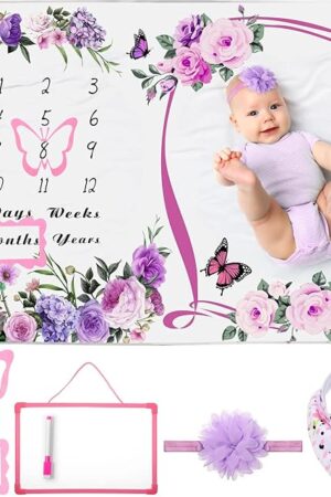 Chumia 6 Pcs Baby Monthly Milestone Blanket for Girl 60" x 40" Butterfly Milestone Blanket Age Photo Photography Backdrop with Newborn Calendar Growth Chart Bib Headband(Purple,Floral Pattern)