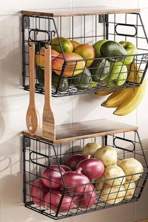 Delamu Stackable Metal Fruit Basket with Wood Lid 2-Pack,Hanging Wall Organizer for Kitchen Counter,Pantry Storage for Onions,Potatoes,Fruits,Spices,Black