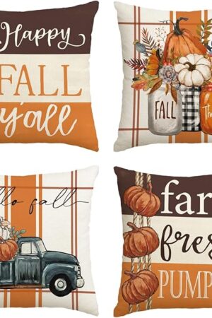 AVOIN colorlife Happy Fall Y'all Maple Leaves Flower Vases Truck Throw Pillow Covers, 18 x 18 Inch Autumn Farm Fresh Pumpkin Sunflower Thanksgiving Harvest Floral Decorations for Sofa Couch Set of 4