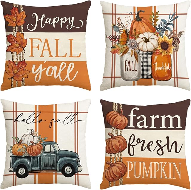 AVOIN colorlife Happy Fall Y'all Maple Leaves Flower Vases Truck Throw Pillow Covers, 18 x 18 Inch Autumn Farm Fresh Pumpkin Sunflower Thanksgiving Harvest Floral Decorations for Sofa Couch Set of 4