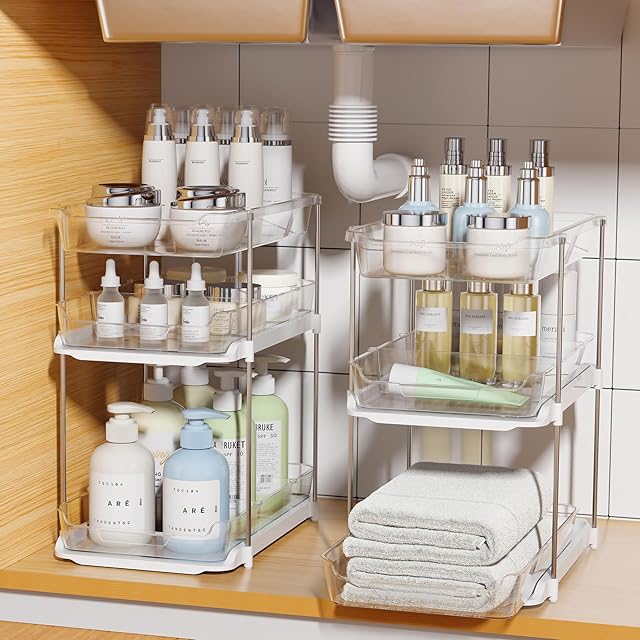 Delamu 2 Sets Clear 3-Tier Bathroom Under Sink Organizers Kitchen Bathroom Cabinet Organizer