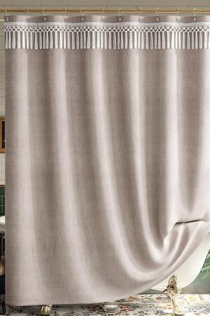 AmazerBath Tan Shower Curtain Boho, Taupe Boho Farmhouse Shower Curtain with Tassels, Faux Linen Fabric, Water-Repellent Neutral Fabric with Hooks, 72x72 Inches