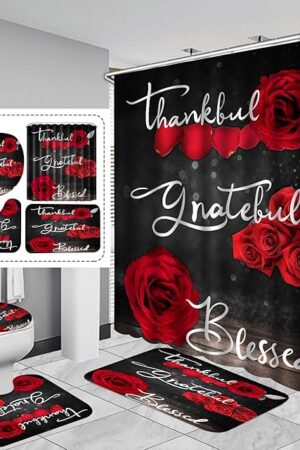 4Pcs Red Rose Shower Curtain Sets, Thankful Grateful Blessed Bathroom Curtain with Non-Slip Rug, Toilet Lid Cover, Bath Mat and 12 Hooks, Romantic Showy Floral Wedding Decor for Bath, 72 x 72 inch