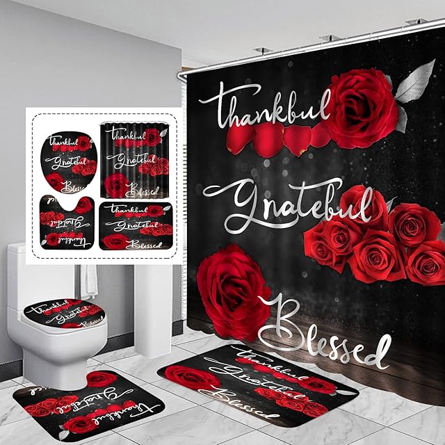 4Pcs Red Rose Shower Curtain Sets, Thankful Grateful Blessed Bathroom Curtain with Non-Slip Rug, Toilet Lid Cover, Bath Mat and 12 Hooks, Romantic Showy Floral Wedding Decor for Bath, 72 x 72 inch