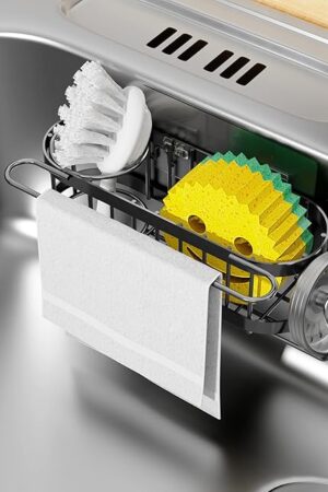 Cisily Kitchen Sink Caddy Sponge Holder in The Sink, Stainless Steel Kitchen Sink Organizer, Brush Holder, Dish Cloth Hanger, Sink Stopper Holder with 2 Installation Ways (Suction & Adhesives