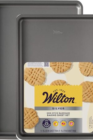 Wilton Silver Non Stick Baking Sheet Set, Medium and Large Cookie Sheets for Baking and Roasting, Made without PFAs, Stackable Storage, 2-Piece Set