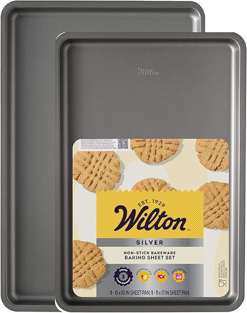 Wilton Silver Non Stick Baking Sheet Set, Medium and Large Cookie Sheets for Baking and Roasting, Made without PFAs, Stackable Storage, 2-Piece Set