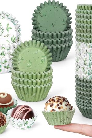 Whaline 600Pcs Greenery Mini Cupcake Liners Eucalyptus Olive Leaf Cupcake Wrappers Sage Green Wedding Baking Cups for Baby Shower Bridal Shower Wedding Birthday Party Supply