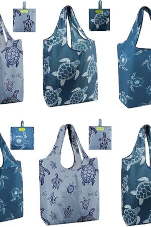 BeeGreen Sea Turtle Reusable Grocery Bags Large Tote Bag With Handles, Bulk Gift Foldable Shopping Bags for Women 6 Pack, Cute Cloth Bag, Heavy Duty, Washable For Beach, Holiday, Travel And Groceries​