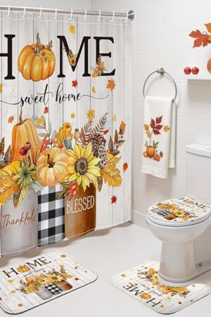 4 Pcs Fall Shower Curtain Set Autumn Pumpkin Maple Leaves Sunflowers with Shower Curtain Non Slip Bathroom Rug Toilet Lid Cover and Bath Mat Fall Home Bathroom Decor Set (Yellow, 72''x 72'')