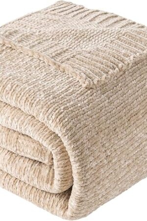 BATTILO HOME Chenille Throw Blanket Beige Tan 51"x67"
