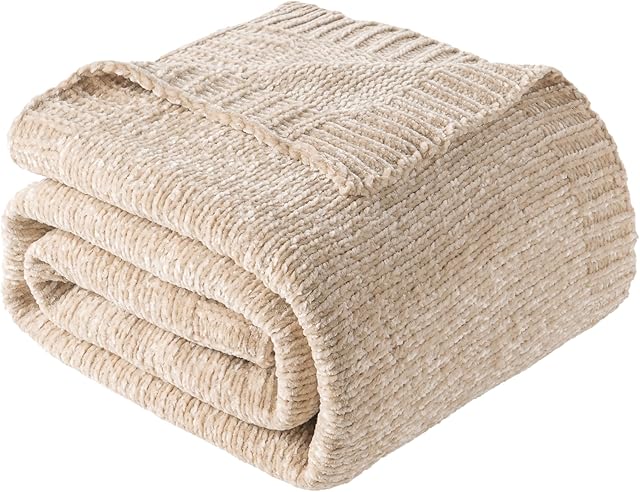 BATTILO HOME Chenille Throw Blanket Beige Tan 51"x67"