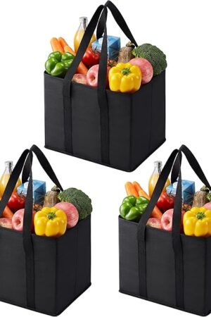 VENO 3 Pack Reusable Grocery Bags, Shopping Bags for groceries, Utility Tote with Handles and Hard Bottom, Foldable Shopping Cart Organizer, Multi-Purpose, Heavy-Duty (Black, 6 Gallon-3 Pack)
