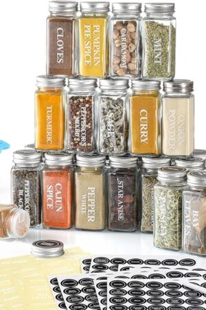 AOZITA 24 Pcs Glass Spice Jars with Labels - 4oz Empty Square Spice Bottles Containers, Condiment Pot, Shaker Lids and Airtight Metal Caps - Silicone Collapsible Funnel