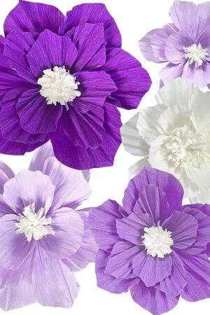 ANSOMO Purple Paper Flowers Artificial 3D Wall Décor Wedding Birthday Bridal Baby Shower Violet Lavender Light Dark Purple White Lilac Nursery Room Backdrop Centerpieces Girls Women Party Decorations