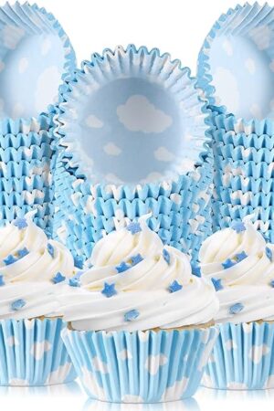 300 count Cloud Blue Cupcake Liners White Light Cupcake Wrappers Paper Blue Muffin Cups Birthday Theme Party Baking Cups Baby Shower Decor Could Baking Wrapping and Packaging for Party Supplies