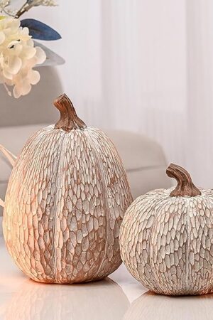 Artificial Pumpkin Decor, Brown and White Decorative Pumpkins, Thanksgiving Resin Pumpkins Figurine Set of 2, Carved Pumpkin Statues for Rustic Fall Tabletop Home Decor, Harvest, Wedding
