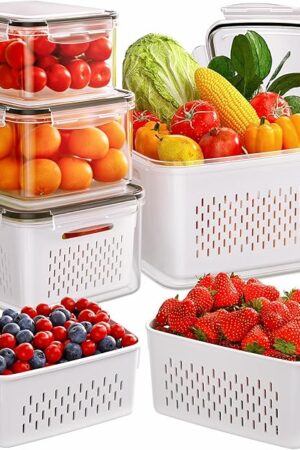 5-Pack Fruit Storage Containers for Fridge with Removable Colanders, 4 in 1 Produce Storage Containers with Lids, Leakproof Fridge Organizer Bins for Salad Berry Lettuce Vegetables Meat Keeper Fresh