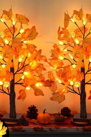 2 Pack 24 Inch Prelit Fall Maple Tree Fall Decorations for Home with 48 LEDs Battery Operated Timer Lighted Acorn Maple Tabletop Light Up Tree for Office Fall Decor Thanksgiving Decorations Indoor