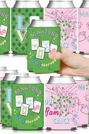 12 Pcs Mahjong Party Can Coolers, Pink and Green Mahjong Can Sleeve for Mahjong Gifts Mahjong Party Decorations Supplies
