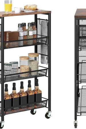 DWVO 4-Tier Slim Rolling Cart on Wheels, 34" Wooden Tabletop Kitchen Storage Organizer Cart with Wire Mesh Baskets, Slide-Out Storage Cart for Kitchen, Bathroom Living Room (Black)