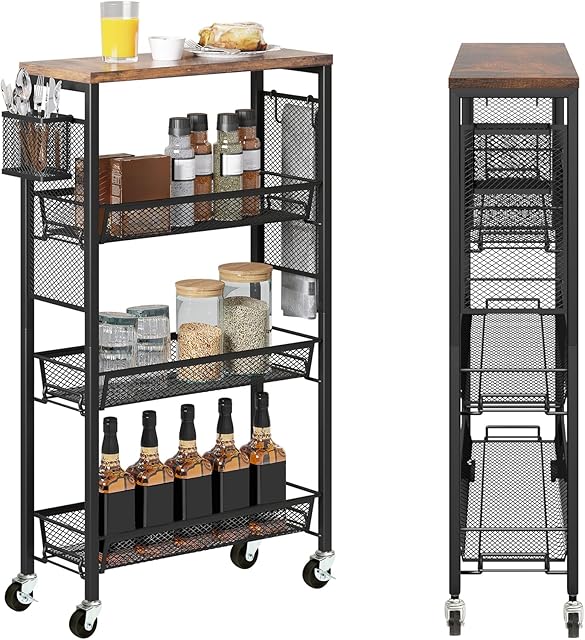 DWVO 4-Tier Slim Rolling Cart on Wheels, 34" Wooden Tabletop Kitchen Storage Organizer Cart with Wire Mesh Baskets, Slide-Out Storage Cart for Kitchen, Bathroom Living Room (Black)