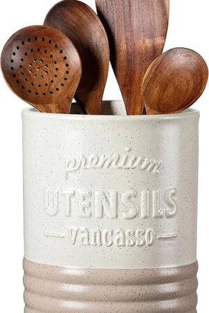 vancasso Sabine Utensil Holder, 7.2" Large Utensil Crock for Kitchen Counter, Ceramic Utensil Crock Storage, Matte Cream-Colored Farmhouse Utensil Organizer, Utensil Storage for Home Décor, Gifts