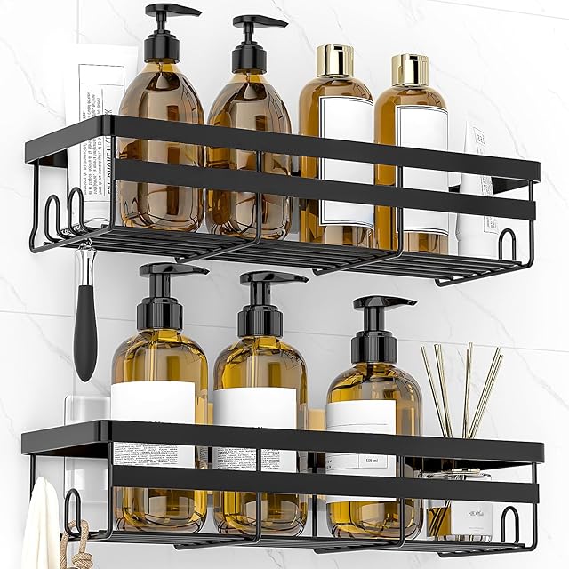 WOWBOX 2 Pack Stainless Black Adhesive Shower Caddy Shelf Shelves