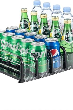 Drink Organizer for Fridge, Soda Can Organizer for Fridge, Self-Pushing Glide Drink Dispenser for Refrigerator-Holds up to 25 Cans Black (5 Rows)